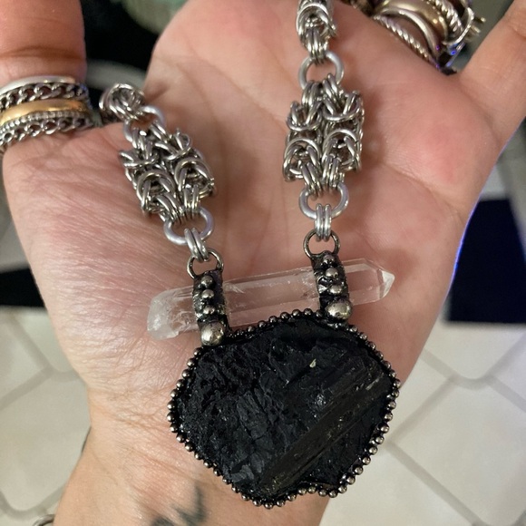Natural black tourmaline & clear crystal quartz charm boho goth maille necklace - Picture 6 of 13